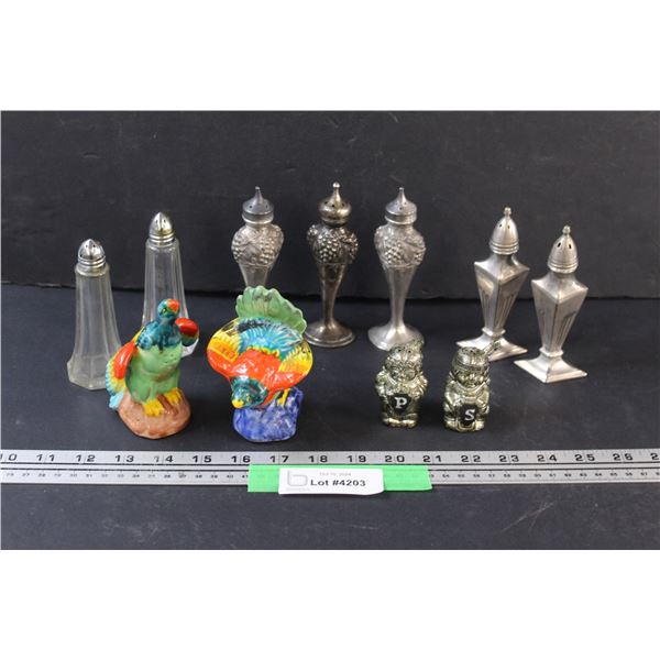 (5) Salt & Pepper Shakers: Pheasants, Indigenous, Clear Glass & Plated Silver