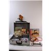 Image 1 : Lot: Horse Books, Horse Bit (Worn), Picture Frames, Cowboy Key Hanger, Misc. in Carrying Case