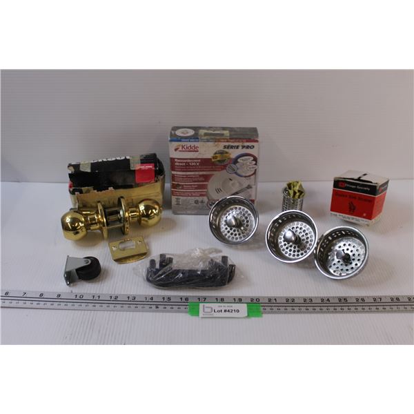 Lot: Lockset Handle Set - as is, (4) Kitchen Drain Stoppers, Kiddie Smoke Alarm, Handles, Misc.