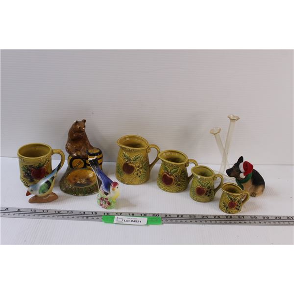 Lot: Vintage Fruit Measuring Cups Set - as is, (2) Bird Figurines, Bear Beer Cap Holder, Misc.