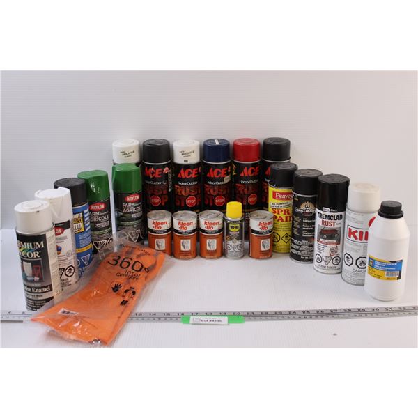 (16) Spray Paints - Assorted, Kleen-Flo Cooling System Sealant, WD-40 mini, Chemical Gloves
