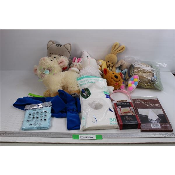 Lot Of Stuffies, Disposable Potty Liners, Vinyl Protector Tablecloth, Bunny Ear Headband, Misc.