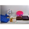 UV- Zone Phone Sanitizer- NIB, Glass Bowl, Bag with Kids Hair supplies/ Jewelry, Plastic plates, Mis