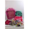Green High Sierra Backpack, Pink Childs Suit Case, (3) bags of Assorted Childs Toys, (2) Pink Carryi