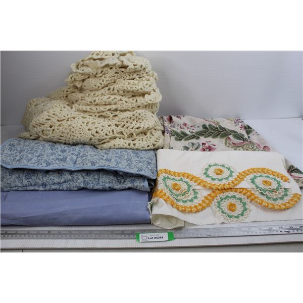 Assorted Linens and Crocheted Table Cloth