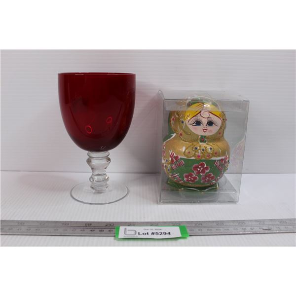 Ruby Red Wine Goblet, Russian Hand Painted Doll