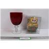 Image 1 : Ruby Red Wine Goblet, Russian Hand Painted Doll