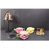 Lamp Style Candle Holder w/ Candle, Various Flower Ornaments, And Other Ornaments