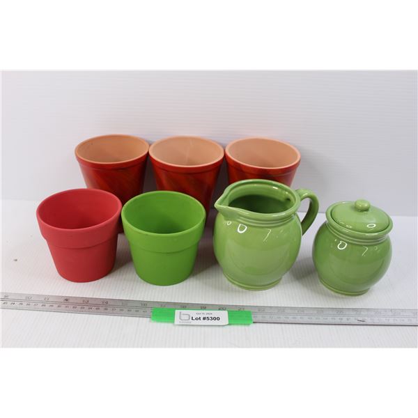 (5) Flower Pots, and Cream and Sugar Set