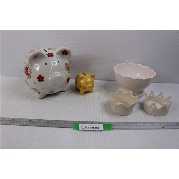 (2) Piggy Banks, (3) Crown Shaped Bowls for Decoration