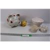(2) Piggy Banks, (3) Crown Shaped Bowls for Decoration