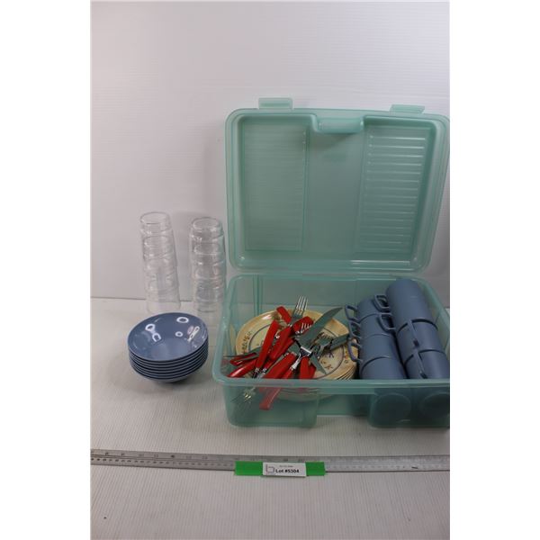 Big Container Full of Bowls, Plates, Cups, Eating Utensils