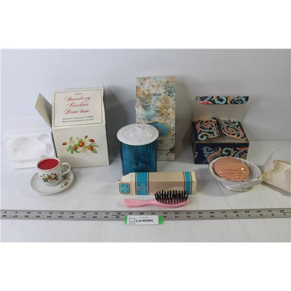 Avon - Glass Jar of Bath Salts w/Ceramic Unicorn Lid - Ceramic Soap Dish W/Soap - Small Brush - Cup 