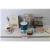 Image 1 : Avon - Glass Jar of Bath Salts w/Ceramic Unicorn Lid - Ceramic Soap Dish W/Soap - Small Brush - Cup 