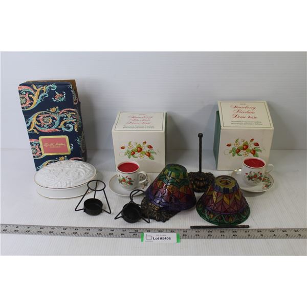 Avon - Powder Dish - (2) Cup & Saucer Candles - Stained Glass Style Tea Light Candle Holder