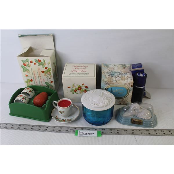 Blue Glass Powder Dish w/Ceramic Unicorn Lid - Perfume - Cup & Saucer Candle - Unicorn Powder Holder