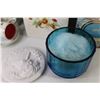 Image 5 : Blue Glass Powder Dish w/Ceramic Unicorn Lid - Perfume - Cup & Saucer Candle - Unicorn Powder Holder