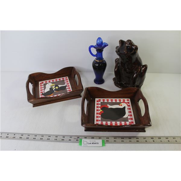 (2) Wooden Trays w/Handles - Ceramic Frog - Blue Glass Pitcher/Decanter