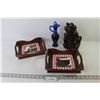 Image 1 : (2) Wooden Trays w/Handles - Ceramic Frog - Blue Glass Pitcher/Decanter