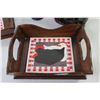 Image 2 : (2) Wooden Trays w/Handles - Ceramic Frog - Blue Glass Pitcher/Decanter