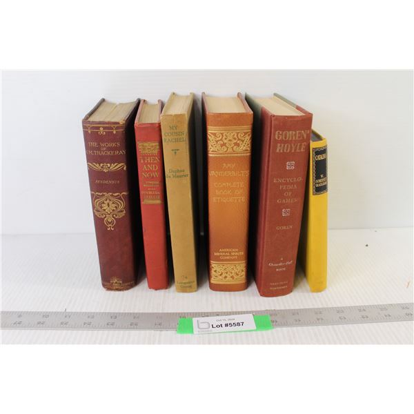 (6) Books - Complete Book of Etiquette, My Cousin Rachel, Pendennis, and a Red Tub