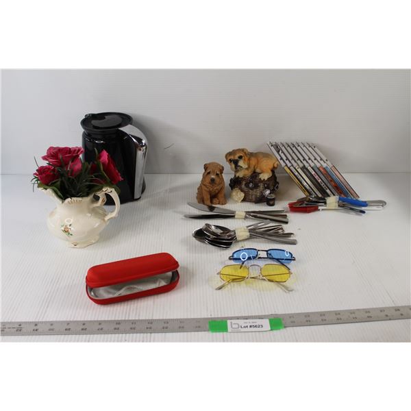 Assorted Cutlery, (2) Glasses, (2) Ceramic Dog Decorations, Kettle, Vase with Artificial Flowers, As
