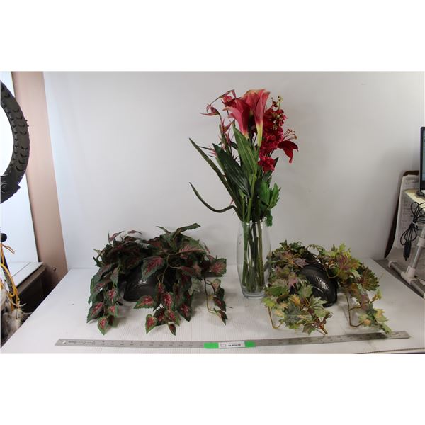 (2) Hanging Plants With Artificial Plants, Planter With Artificial Flowers