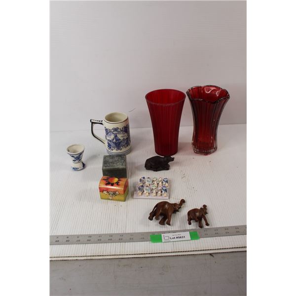 (3) Animal Figurines, Owl Clips, Mug, (2) Small Boxes, (2) vases