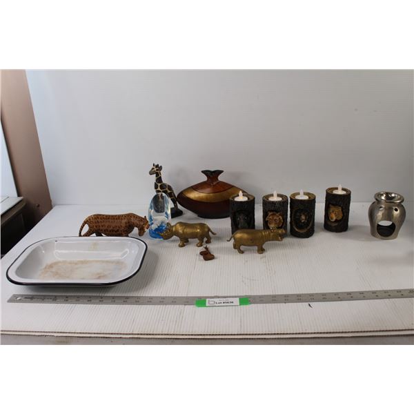 (5) Candle Holders, Assorted Animal Figurines/Decorations, Tray
