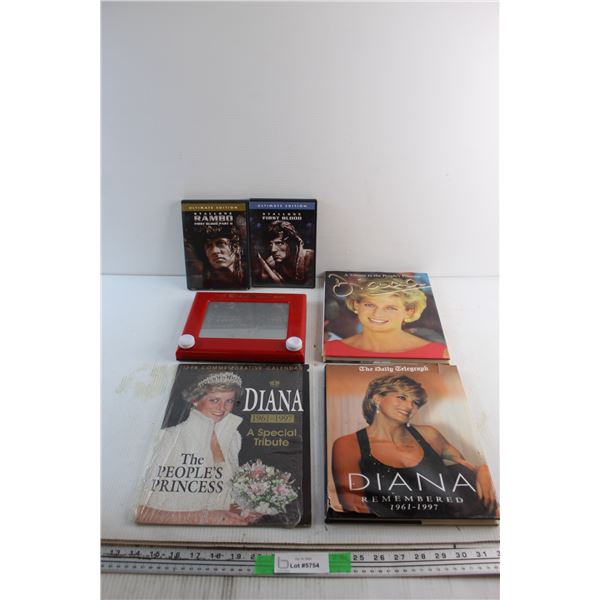Rambo DVD Movies, Etch a Sketch and Princess Diana Magazines & Calendar