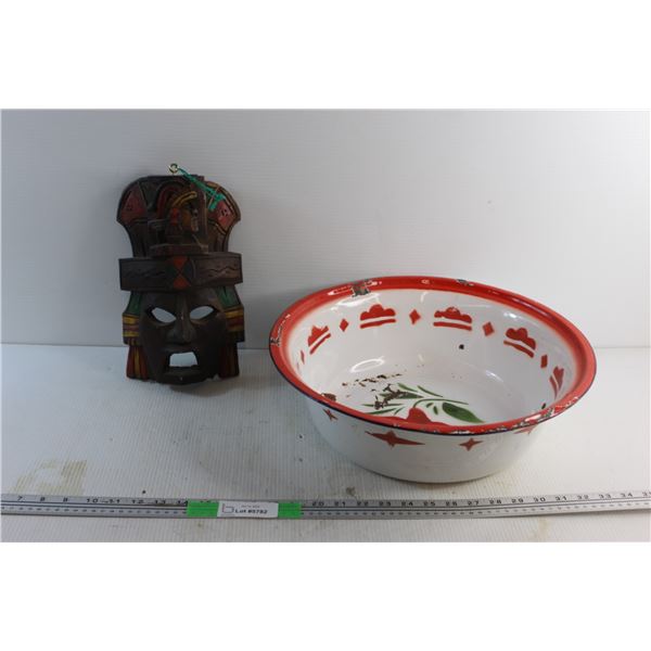 Enamel Bowl 16'' and Inca Wooden Mask Decoration