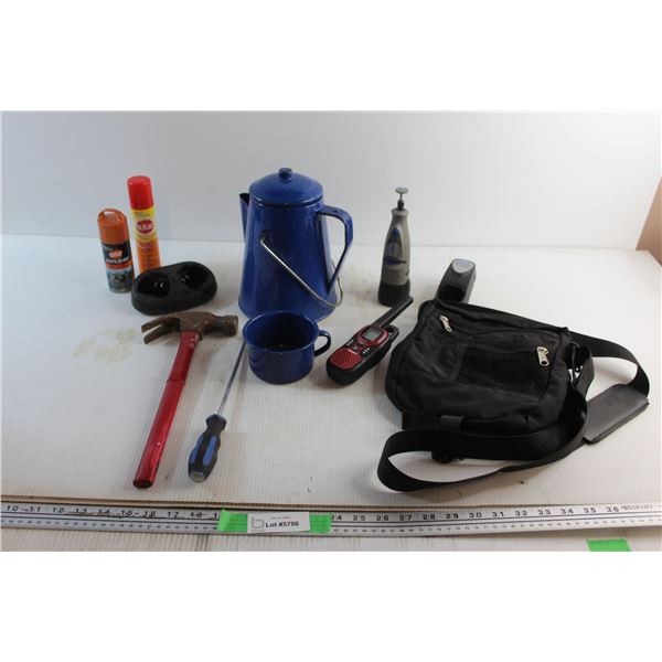 Hammer, Enamel Tea Set, Walkie Talkie, Dremel and Assorted Items