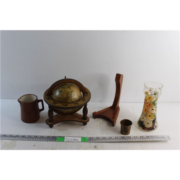 Brass Cup, Small Pitcher, Hand Painted Vase and Globe Decor