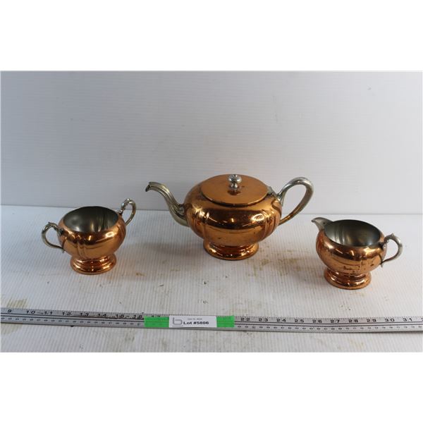 Copper Tea Pot and Cream & Sugar Set