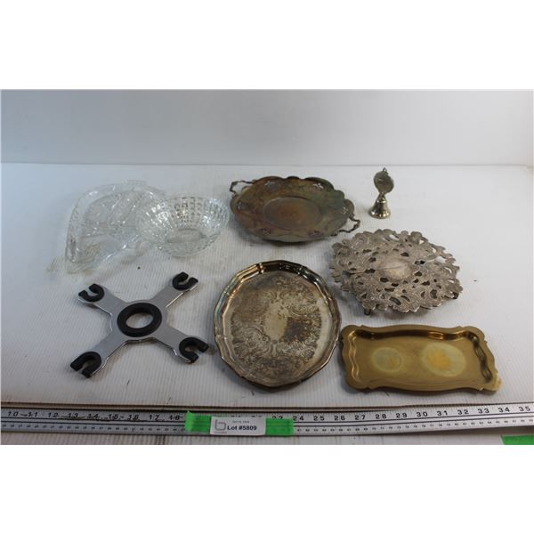 Silver, Glass & Brass Assorted Serving Plates, Silver Bell, Turning Leaf and Glass Bowl