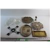 Image 1 : Silver, Glass & Brass Assorted Serving Plates, Silver Bell, Turning Leaf and Glass Bowl