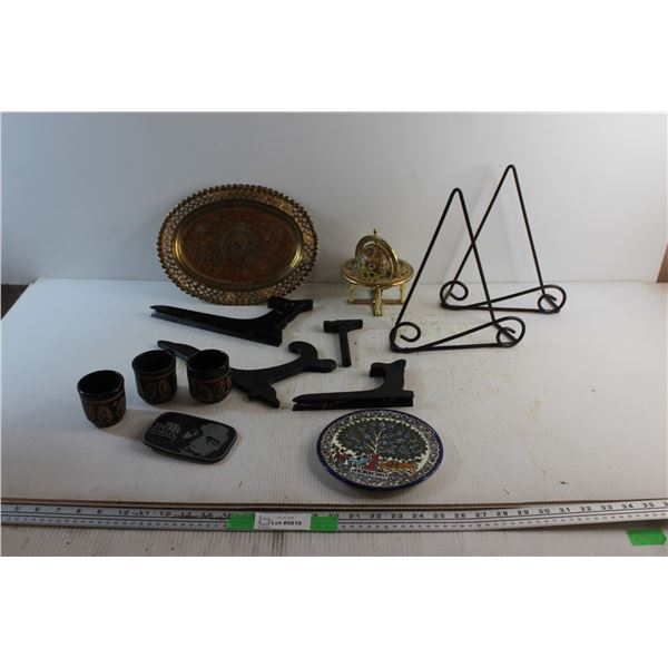 Copper Pea Cock Decoration, Bob Marley Belt Buckle, Ceramic Cups, Decorative Globe and Assorted Item