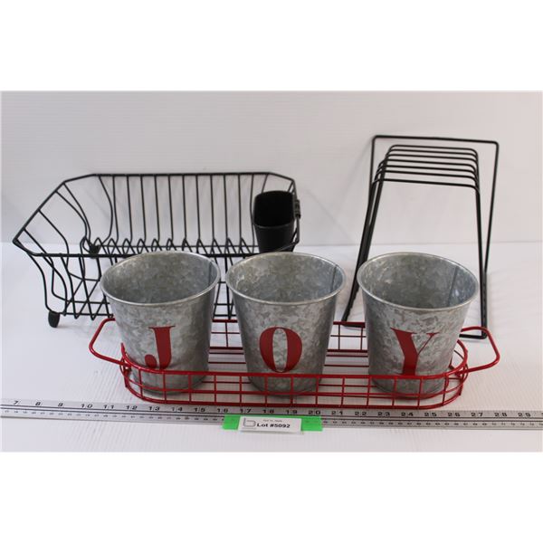 Lot: Dishes Drying Rack, Joy Planter Set, Plate Rack