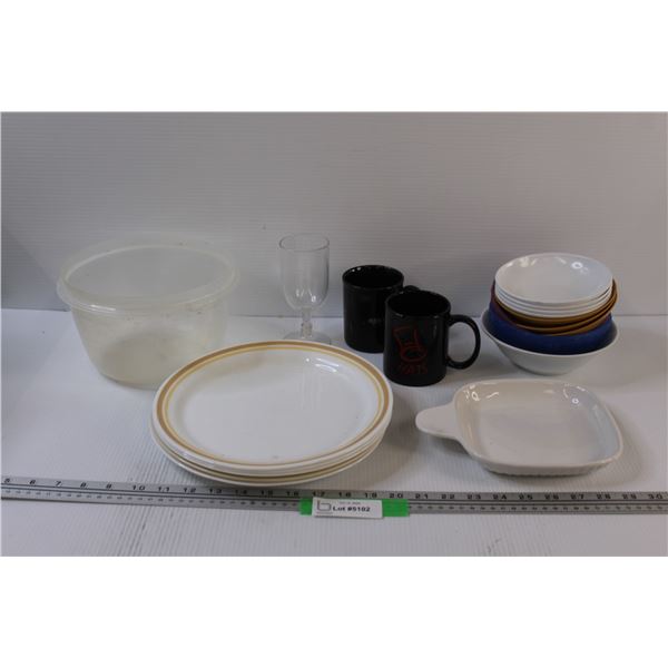 Kitchen Dishes: (5) Plates, (10) Bowls, (2) Mugs, Misc.