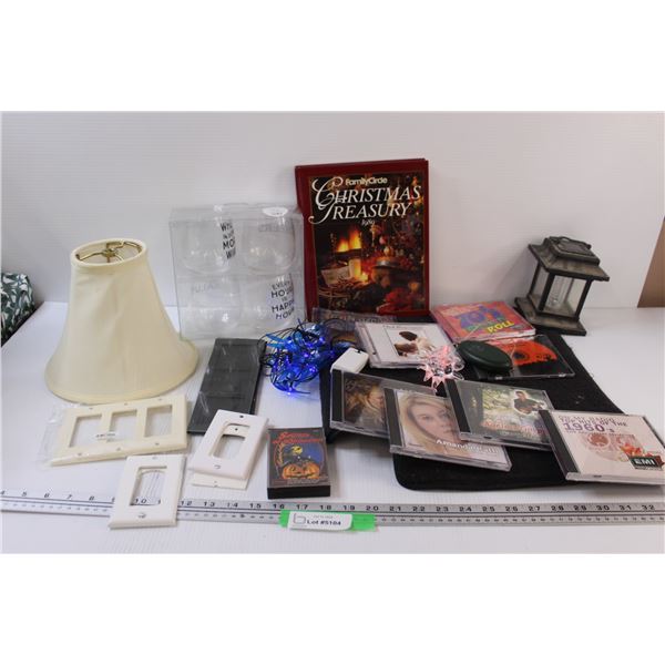 Lot: (4) Wine Glasses, Lamp Shade, CDS - Assorted, Battery Powered Lights, Car Rug, Misc.