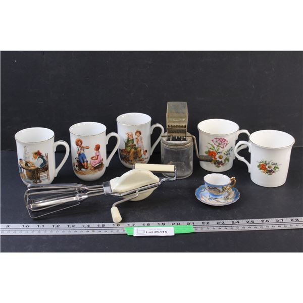 Lot: (3) Norman Rockwell Mugs, Vintage Wisk Beater, Vintage Grater & Dragon Mini Tea Set, (2) Floral