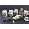 Image 5 : Lot: (3) Norman Rockwell Mugs, Vintage Wisk Beater, Vintage Grater & Dragon Mini Tea Set, (2) Floral
