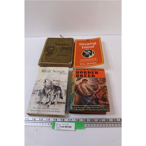 (4) Antique Hard Cover Books: Abe Lincoln, Sleeping Island, Wolf Songs, Border Breed