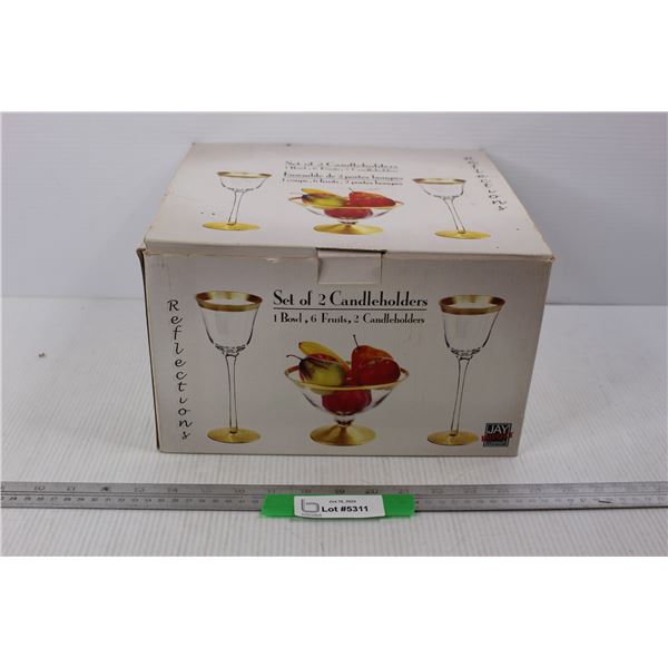 Jay Import Company- Set Of (2) Candleholders, (1) Bowl, (6) Fruits- NIB