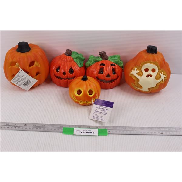 (3) Battery Operated Blinking Lite Jack-O-Lantern Needs Batteries, (2) Small Ceramic Jack- O- Lanter