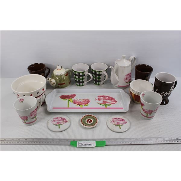 (8) Mugs, (2) Teapots, Coasters, Misc.