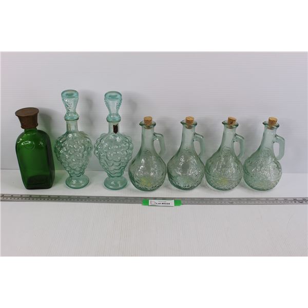 (7) Green Tinted Glass Decanter's/ Bottles