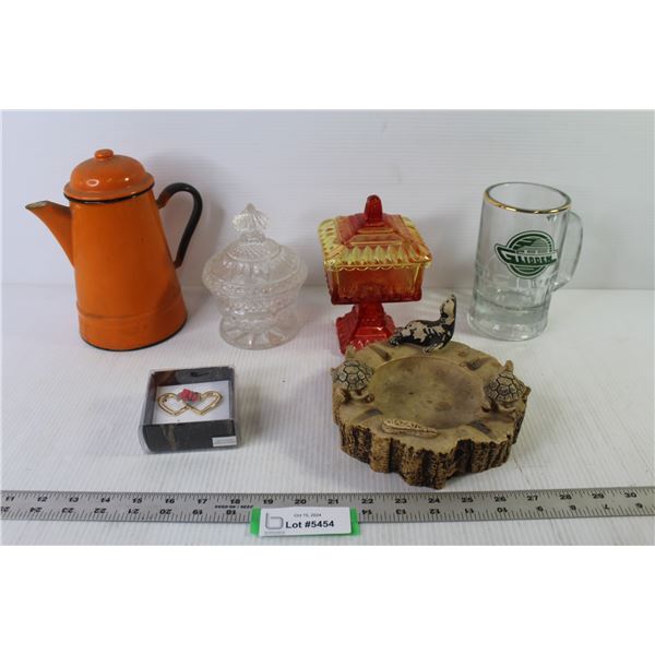 Enamelled Kettle - Glass - (2) Vintage Candy Dishes - Mazatlan Ashtray - Heat Brooch