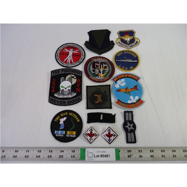 (2) Canadian Forces Cap Badges and (11) USA Military Patches