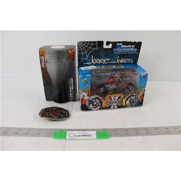McDonalds Coca Cola Glass, Jesse James El Diablo Rigio Die Cast Chopper Bike, Las Vegas Belt Buckle